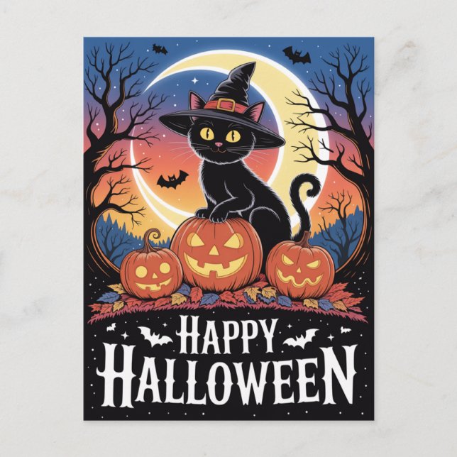 Modern Trendy Halloween Pumpkins and Black Cat  Postcard (Front)