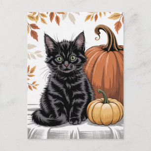Modern Trendy Halloween Pumpkins and Black Cat Postcard