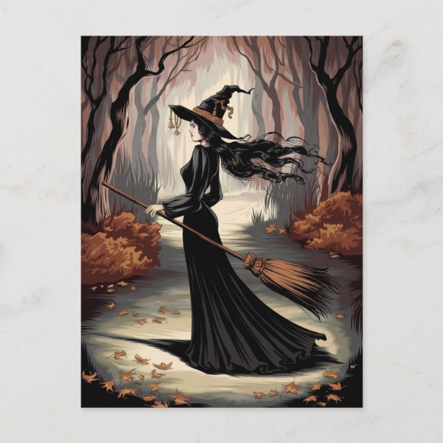 Modern Trendy Halloween Witch in Forest            Postcard (Front)