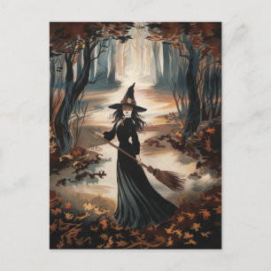 Modern Trendy Halloween Witch in Forest            Postcard