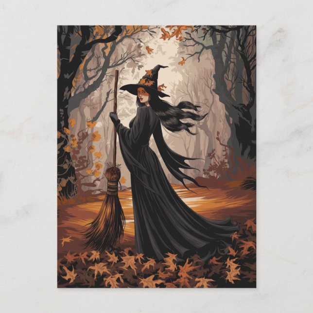 Modern Trendy Halloween Witch in Forest            Postcard (Front)