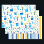 Modern Trendy Hanukkah Wrapping Paper Sheet<br><div class="desc">These modern Hanukkah papers with presents,  stripes,  and star of davids will have your packages looking phenomenal!  They are colourful and trendy yet traditional.</div>