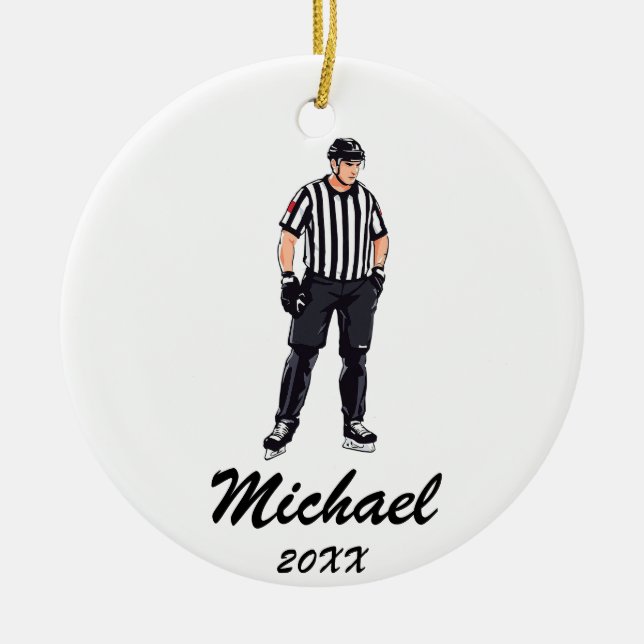 Modern Trendy Ice Hockey Referee Personalised  Ceramic Ornament (Front)