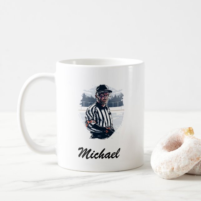 Modern Trendy Ice Hockey Referee Personalised  Coffee Mug (With Donut)
