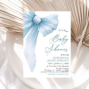 Modern Trendy Its a Boy Blue Bow Baby Shower Invitation