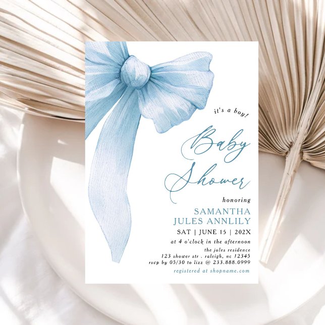 Modern Trendy Its a Boy Blue Bow Baby Shower Invitation (Creator Uploaded)