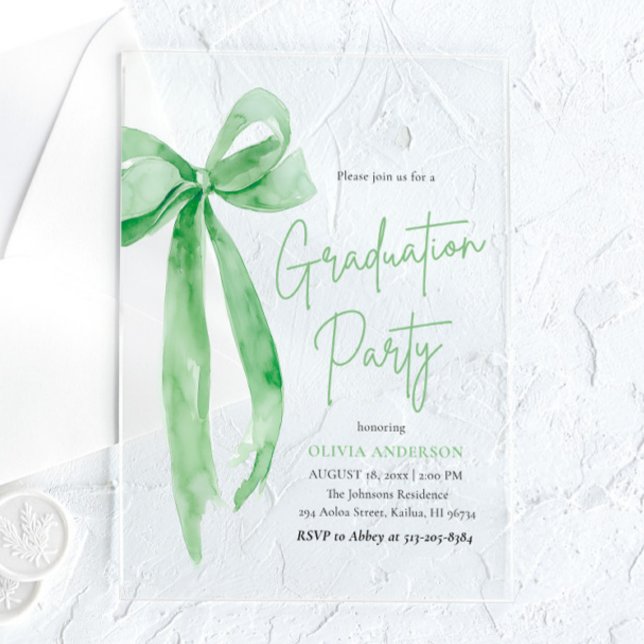 Modern Trendy Lime Green Bow Graduation Party Acrylic Invitations (Creator Uploaded)