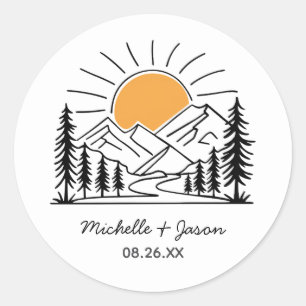 Modern Trendy Line Art Mountains Wedding           Classic Round Sticker