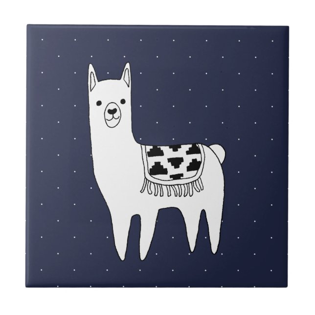 Modern Trendy Llama Sketch & Swiss Dots Ceramic Tile (Front)