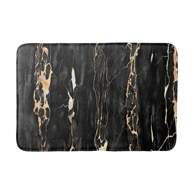 Modern Trendy Marble Pattern in Black Gold Grey Bath Mat (Front)