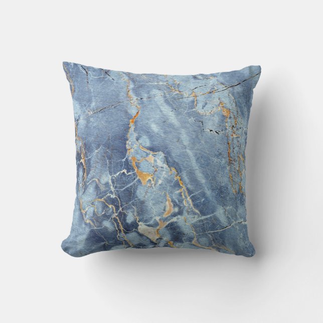 Modern Trendy Marble Pattern in Blue Gold Grey Cushion (Front)