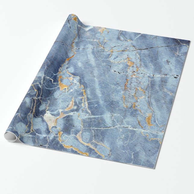 Modern Trendy Marble Pattern in Blue Gold Grey Wrapping Paper (Unrolled)
