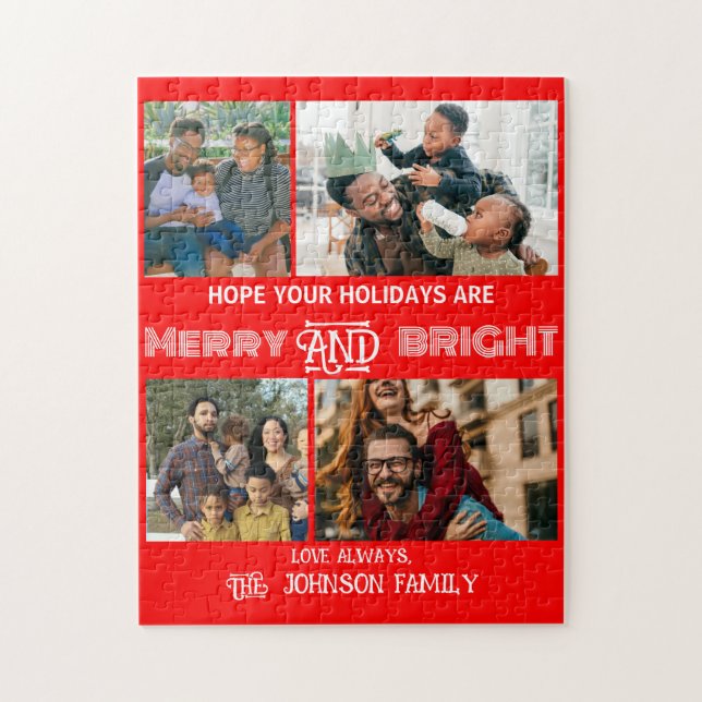 Modern trendy Merry and Bright Family Photo Jigsaw Puzzle (Vertical)