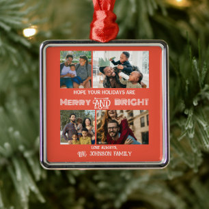 Modern trendy Merry and Bright Family Photo Metal Ornament