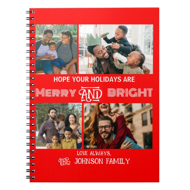 Modern trendy Merry and Bright Family Photo Notebook (Front)