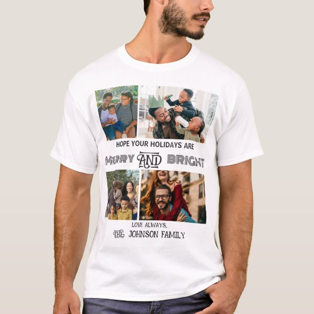 Modern trendy Merry and Bright Family Photo T-Shirt (Front)