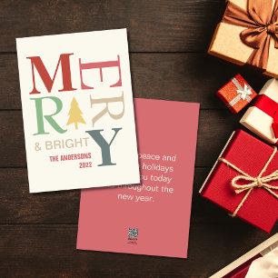 Modern Trendy Merry And Bright Minimalist Colourfu Holiday Card