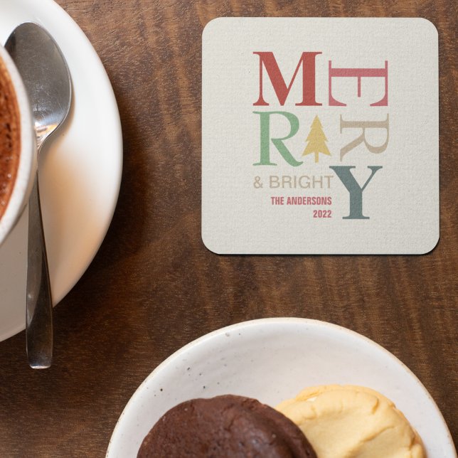 Modern Trendy Merry And Bright Minimalist Colourfu Square Paper Coaster (Creator Uploaded)