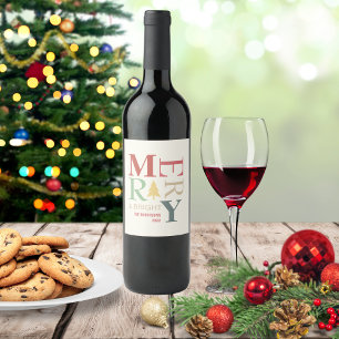 Modern Trendy Merry And Bright Minimalist Colourfu Wine Label