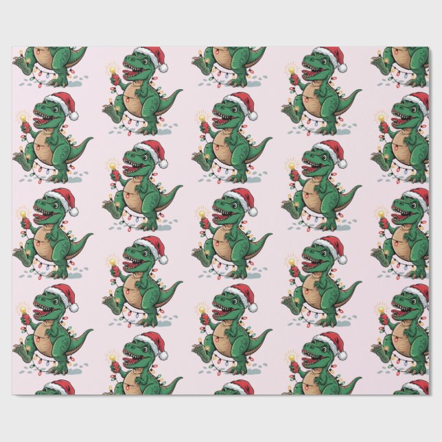 Modern Trendy Merry Christmas Dinosaur Santa Hat   Wrapping Paper (Flat)