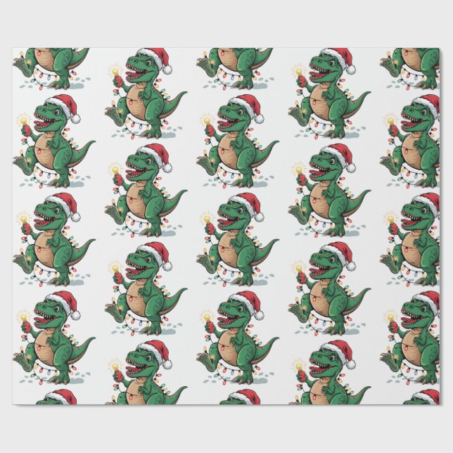 Modern Trendy Merry Christmas Dinosaur Santa Hat   Wrapping Paper (Flat)