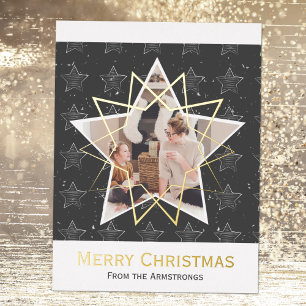 Modern Trendy Merry Christmas Stars Photo Grey Foil Holiday Postcard