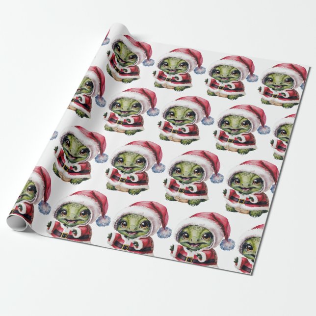 Modern Trendy Merry Christmas Turtle in Santa Hat  Wrapping Paper (Unrolled)