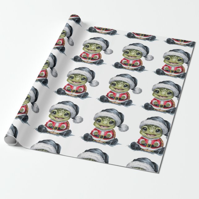 Modern Trendy Merry Christmas Turtle in Santa Hat  Wrapping Paper (Unrolled)