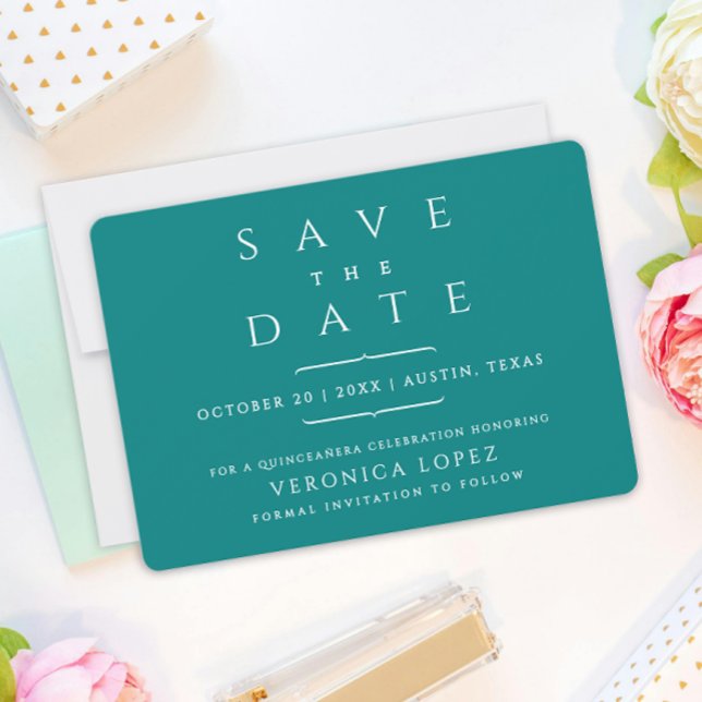 Modern Trendy Minimal Teal Mis Quince Años Typo Save The Date (Creator Uploaded)