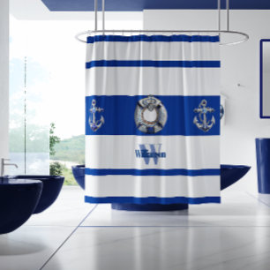Modern Trendy Nautical Blue and White Long  Shower Curtain