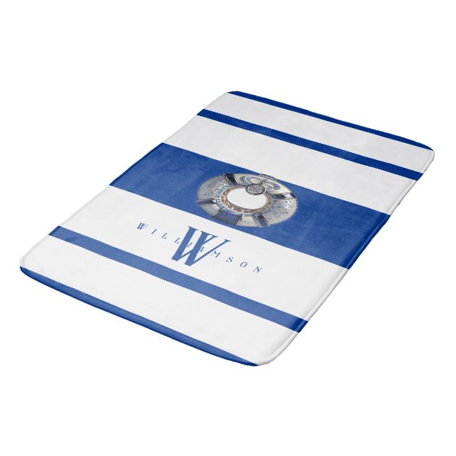 Modern Trendy Nautical Blue and White Monogrammed Bath Mat (Angled)