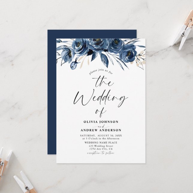 Modern Trendy Navy Blue Watercolor Floral Wedding Invitation (Front/Back In Situ)