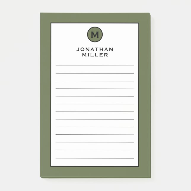 Modern Trendy Olive Green Monogram Lined Post-it Notes (Front)