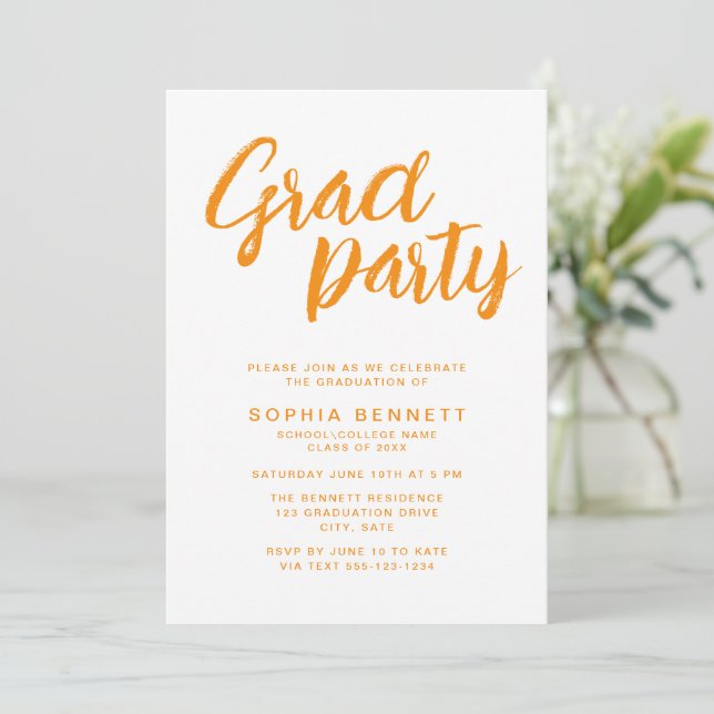 Modern Trendy Orange Brush Script Graduation Party Invitation (Standing Front)