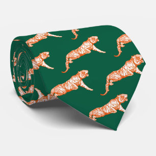 Modern Trendy Orange Tiger on Hunter Green  Tie