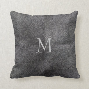 Modern trendy patchwork dark grey leather monogram cushion