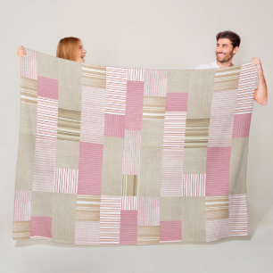Modern Trendy Patchwork Quilt Pink Beige Stripes Fleece Blanket
