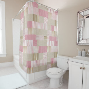 Modern Trendy Patchwork Quilt Pink Beige Stripes Shower Curtain