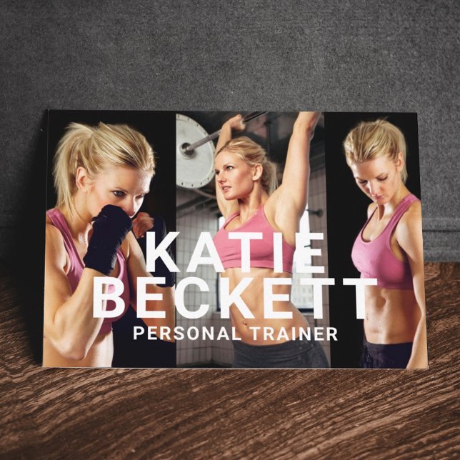 Modern & Trendy Personal Trainer Fitness 4 Photo Business Card (Creator Uploaded)
