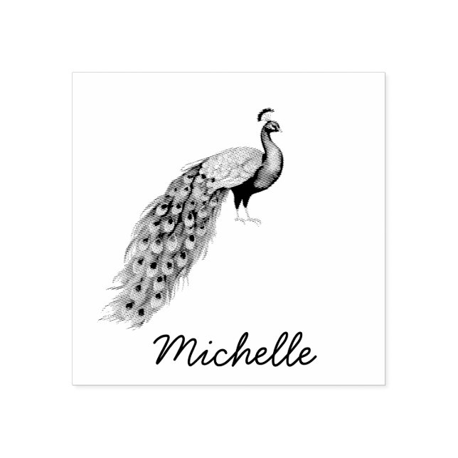 Modern Trendy  Personalised Name Peacock Rubber Stamp (Imprint)