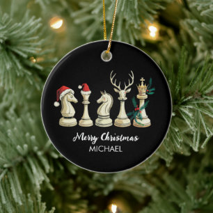 Modern Trendy Personalized Chess Pieces Christmas  Ceramic Ornament