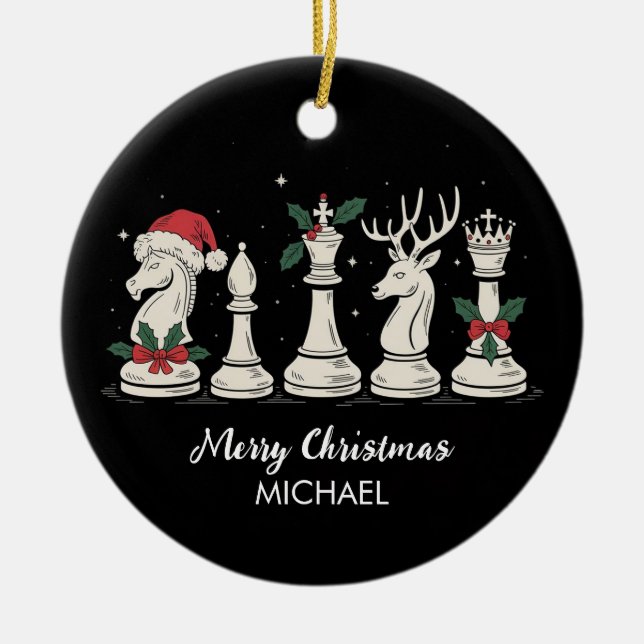 Modern Trendy Personalized Chess Pieces Christmas  Ceramic Ornament (Front)