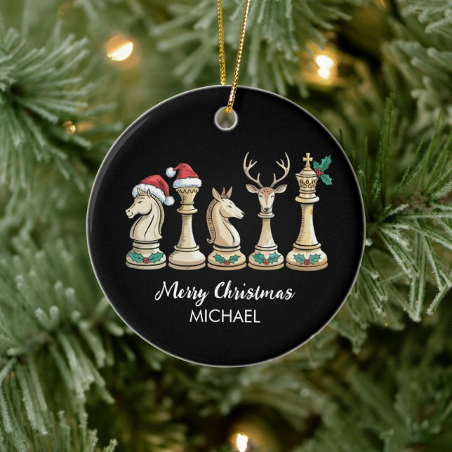 Modern Trendy Personalized Chess Pieces Christmas  Ceramic Ornament (Tree)