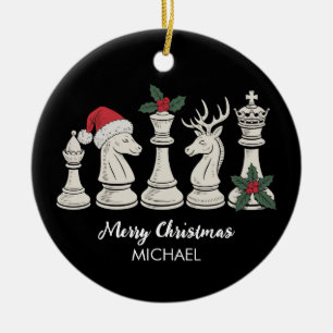 Modern Trendy Personalized Chess Pieces Christmas Ceramic Ornament