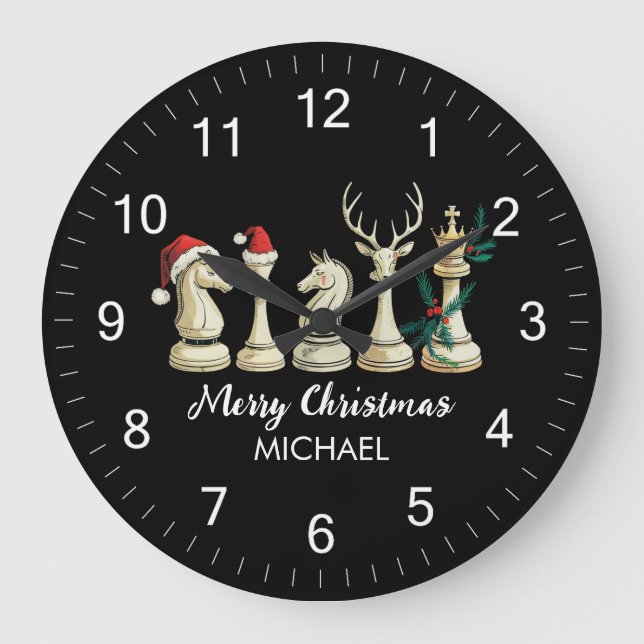 Modern Trendy Personalized Chess Pieces Christmas  Large Clock (Front)