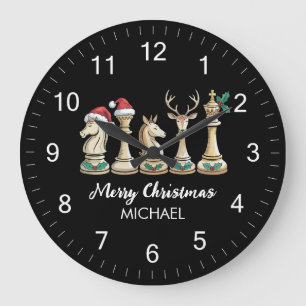Modern Trendy Personalized Chess Pieces Christmas  Large Clock