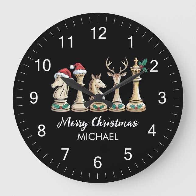 Modern Trendy Personalized Chess Pieces Christmas  Large Clock (Front)