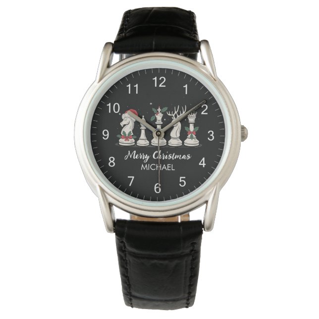 Modern Trendy Personalized Chess Pieces Christmas  Watch (Front)