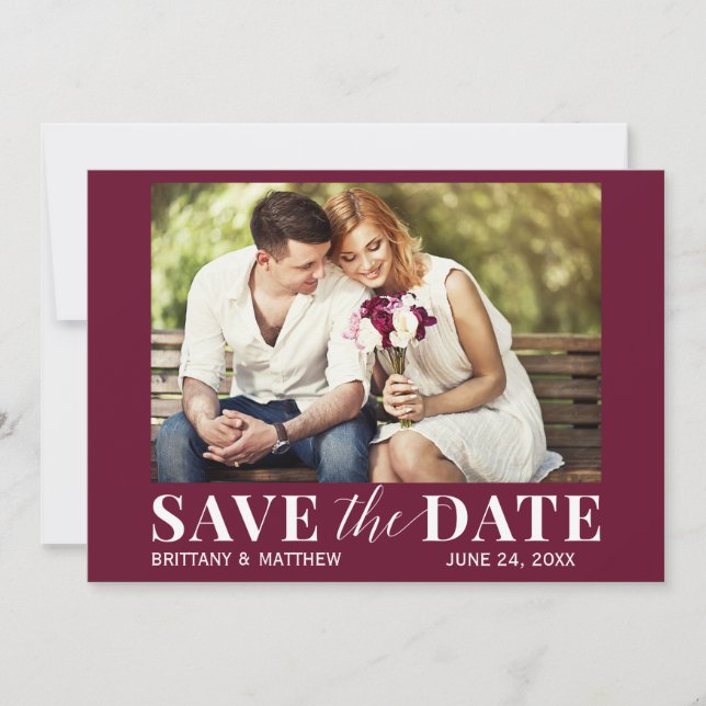 Modern Trendy Photo Burgundy Save The Date (Front)