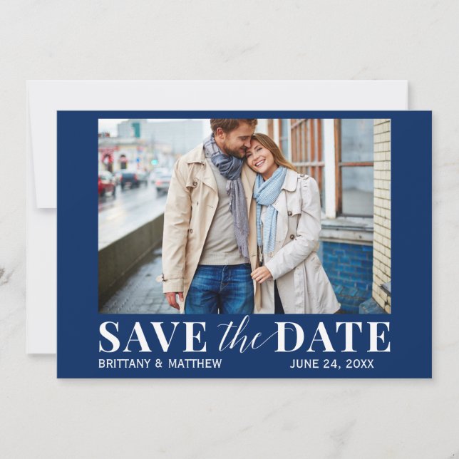 Modern Trendy Photo Navy Blue Save The Date (Front)
